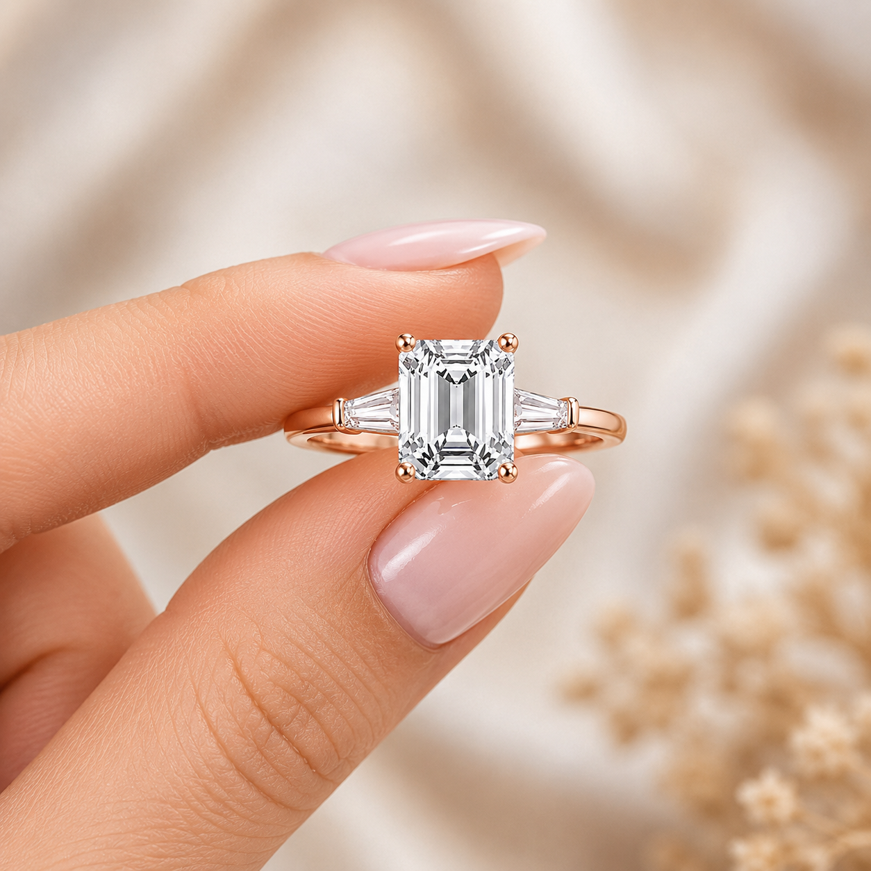3 Carat Emerald Cut Moissanite Ring with Side Stones