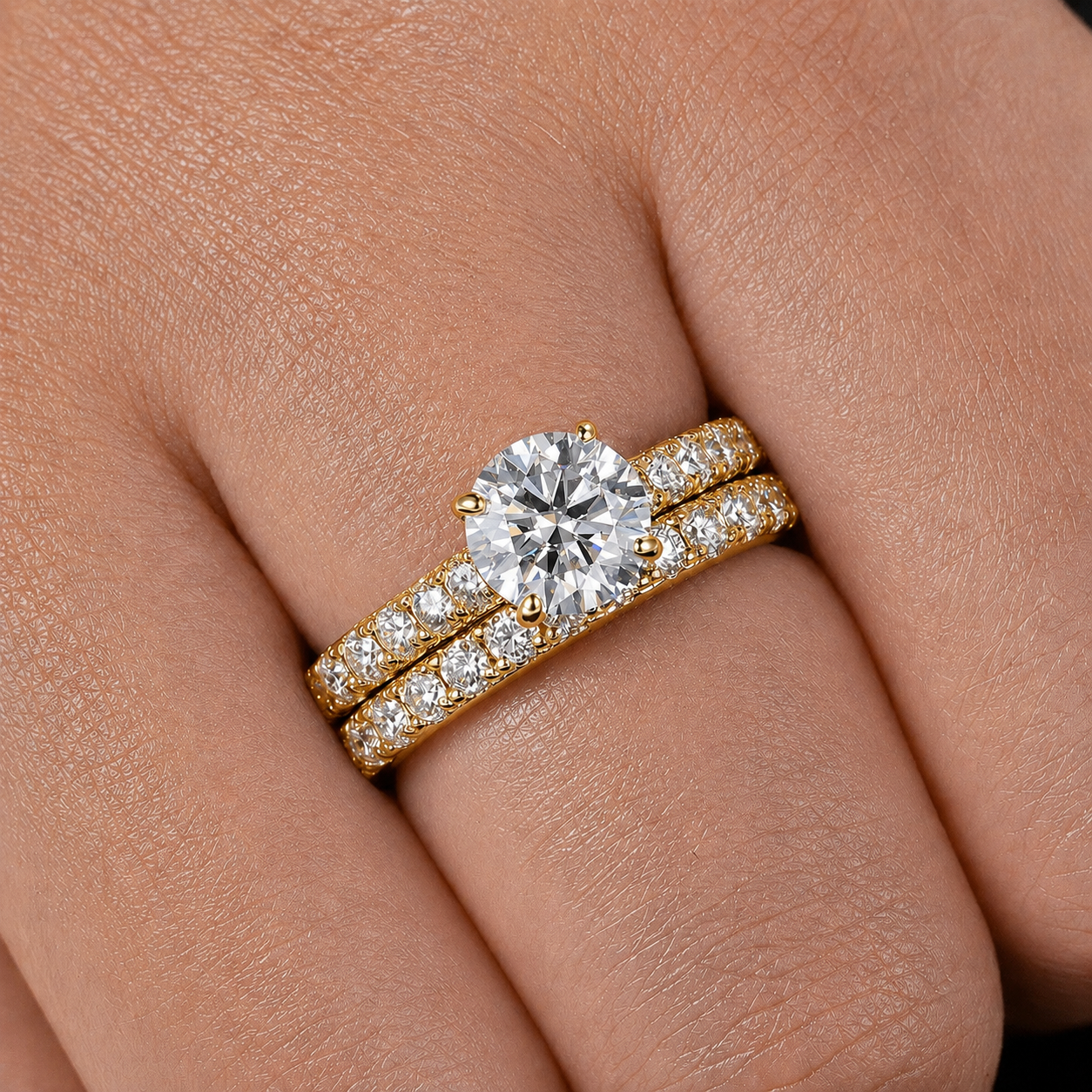 Round Cut Moissanite Ring Set with Pavé Band