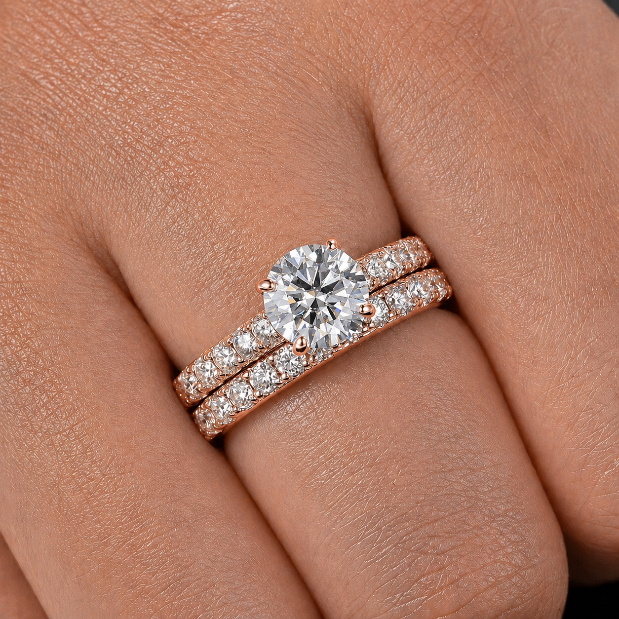 Round Cut Moissanite Ring Set with Pavé Band