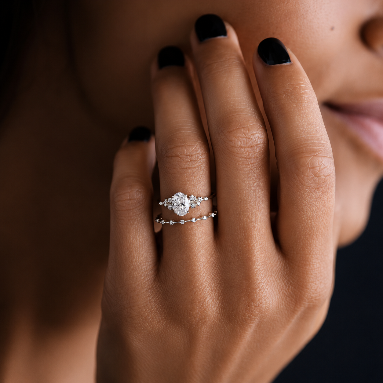 3 Carat Oval Cut Moissanite Ring with Cluster Side Stones