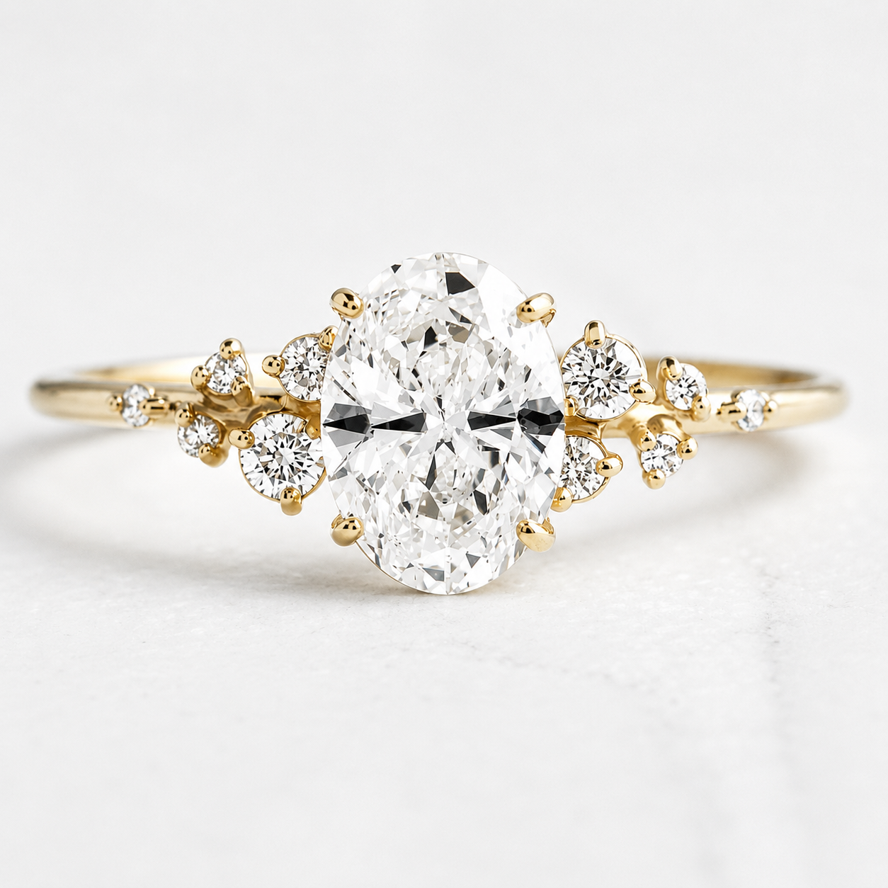 3 Carat Oval Cut Moissanite Ring with Cluster Side Stones