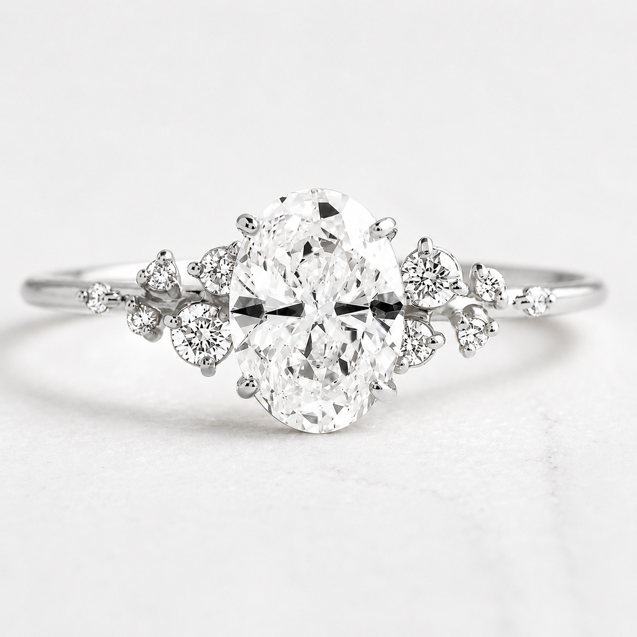 3 Carat Oval Cut Moissanite Ring with Cluster Side Stones