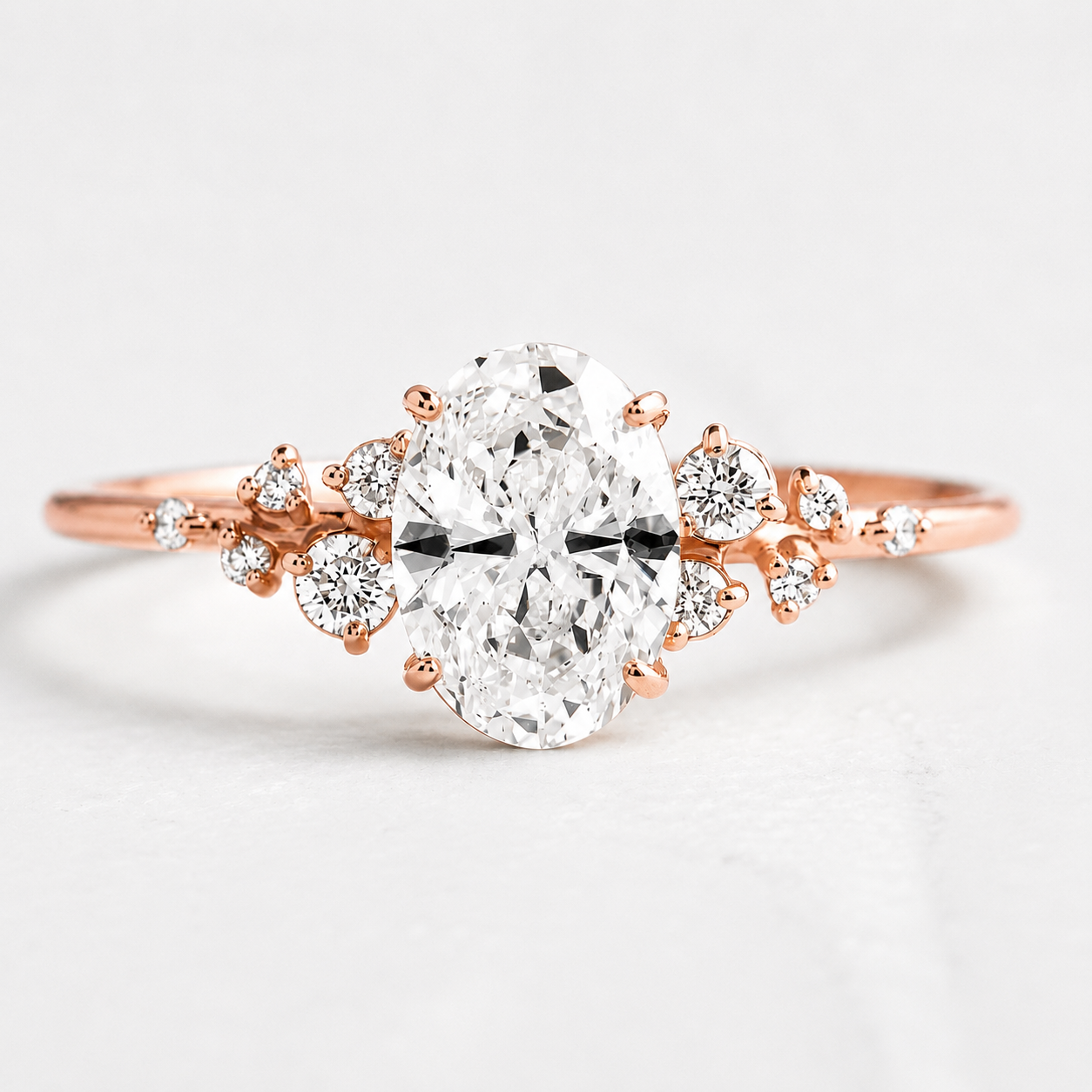 3 Carat Oval Cut Moissanite Ring with Cluster Side Stones