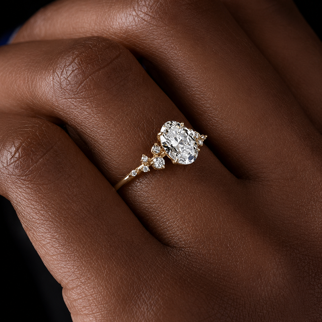 3 Carat Oval Cut Moissanite Ring with Cluster Side Stones