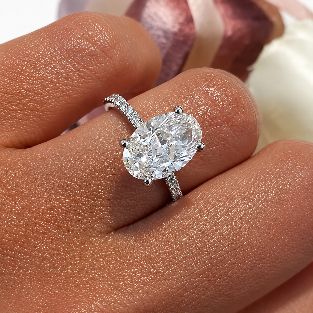 3 Carat Oval Cut Moissanite Ring with Pavé Band