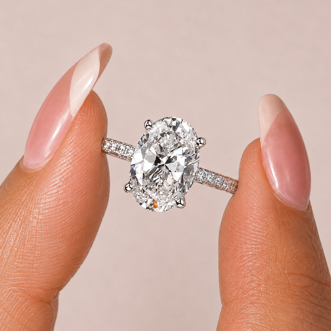 3 Carat Oval Cut Moissanite Ring with Pavé Band