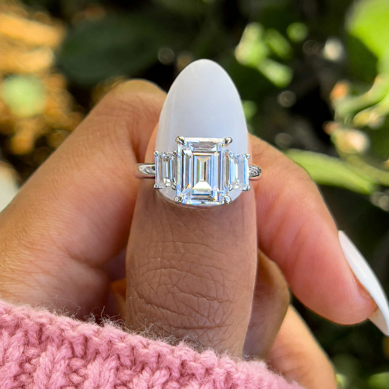 Three Stone Emerald Cut Moissanite Ring