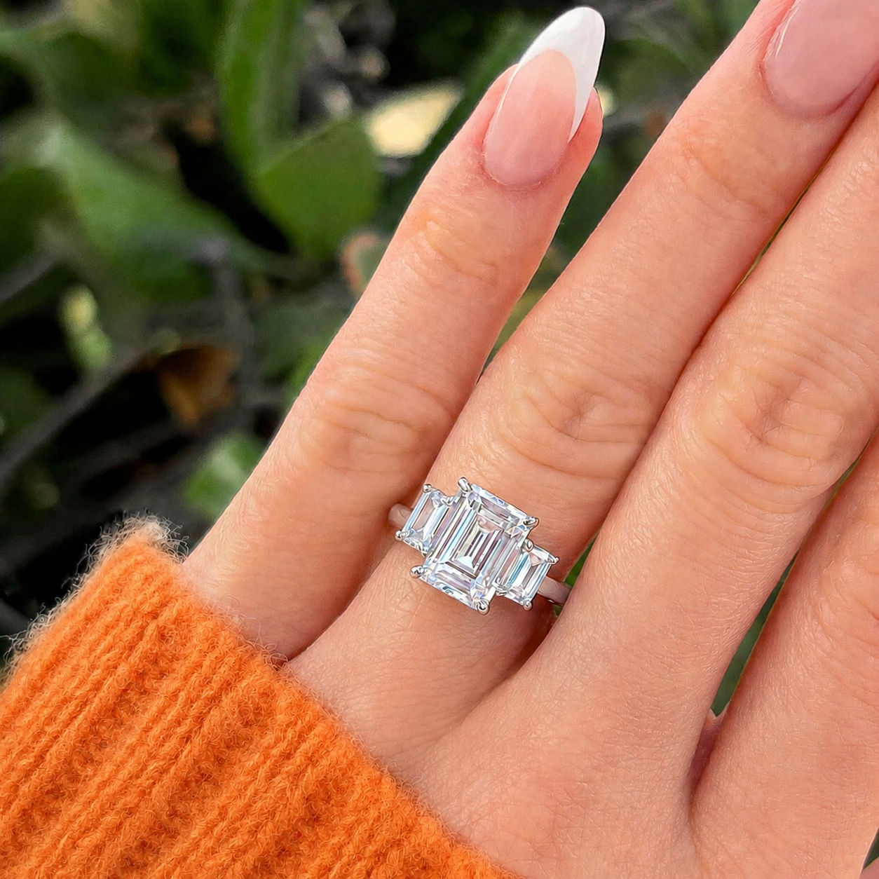 Three Stone Emerald Cut Moissanite Ring