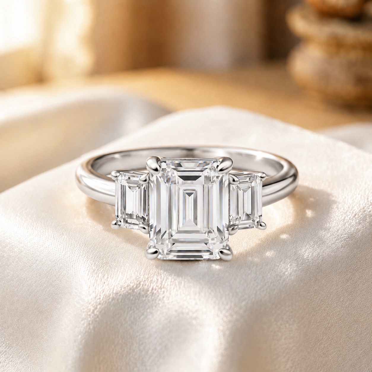 Three Stone Emerald Cut Moissanite Ring