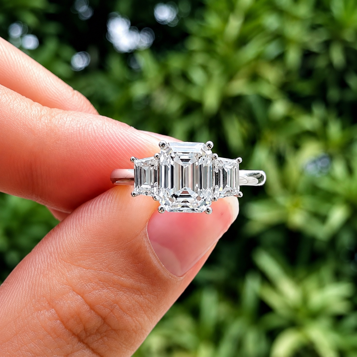 Three Stone Emerald Cut Moissanite Ring