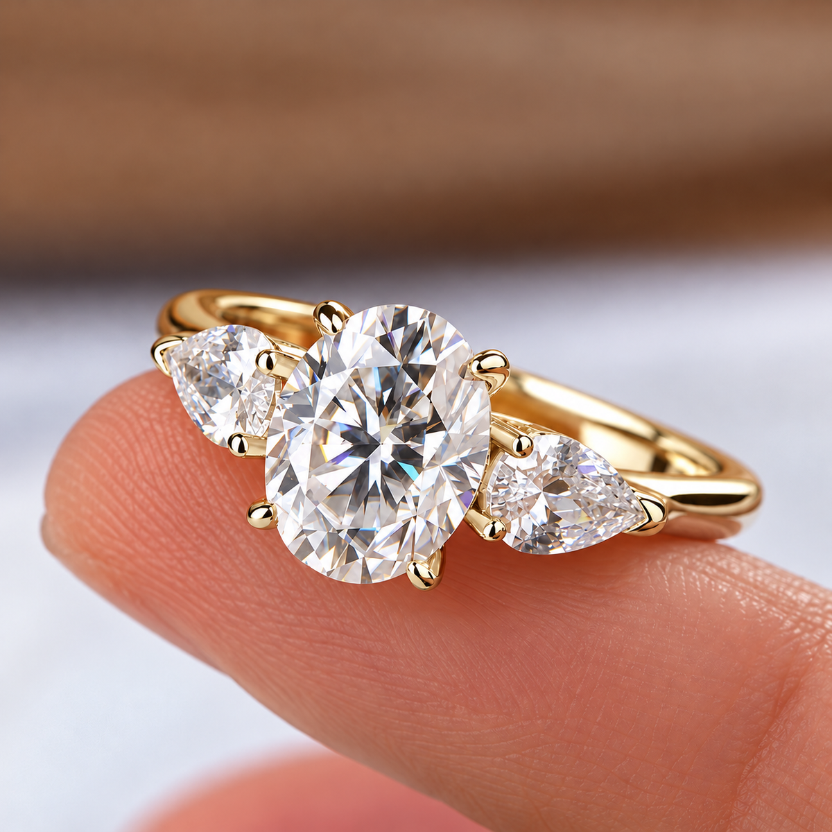 2 Carat Oval Cut Moissanite Ring with Pear Cut Side Stones