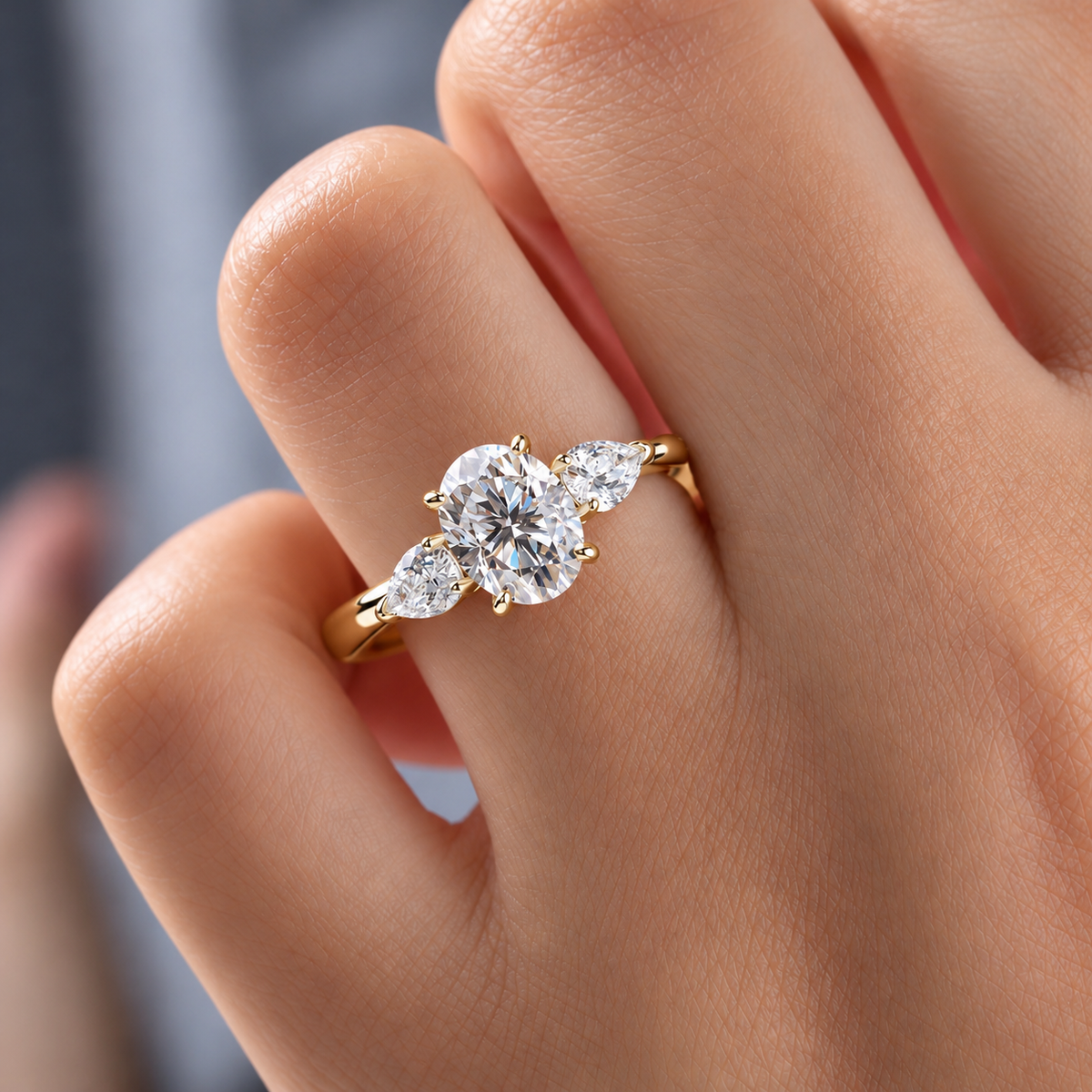 2 Carat Oval Cut Moissanite Ring with Pear Cut Side Stones