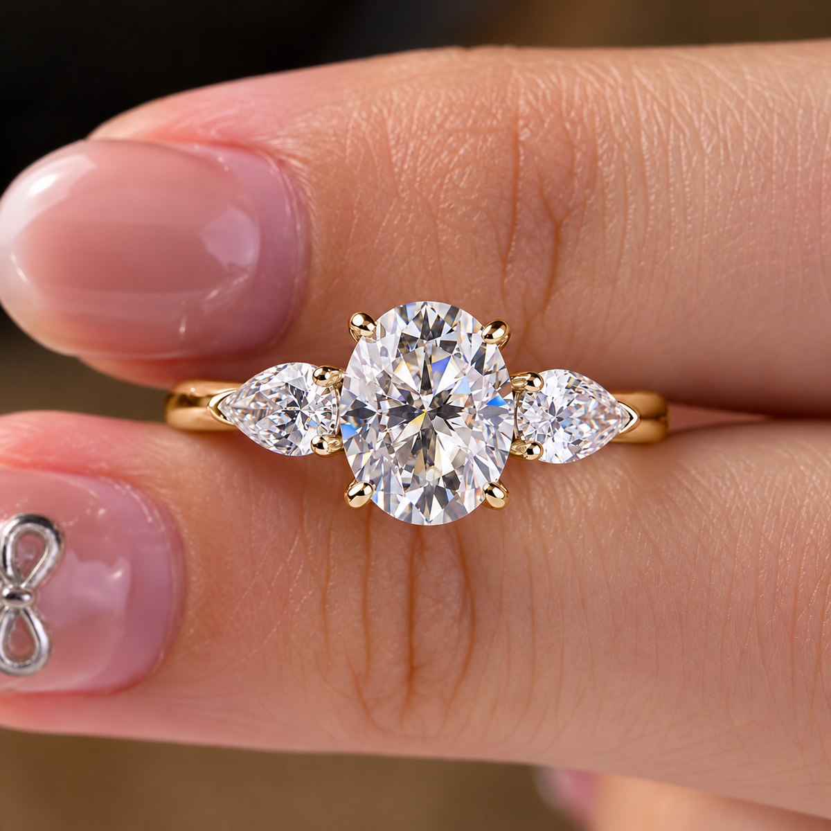 2 Carat Oval Cut Moissanite Ring with Pear Cut Side Stones