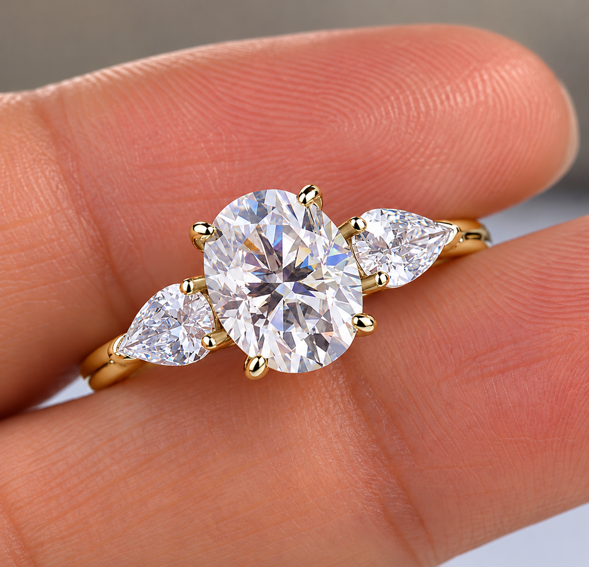 2 Carat Oval Cut Moissanite Ring with Pear Cut Side Stones