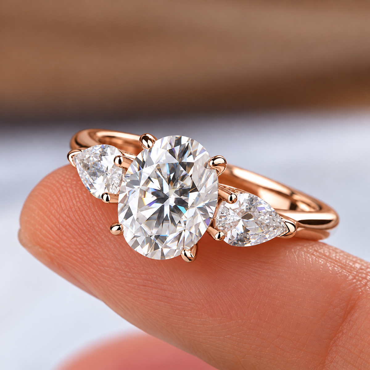 2 Carat Oval Cut Moissanite Ring with Pear Cut Side Stones