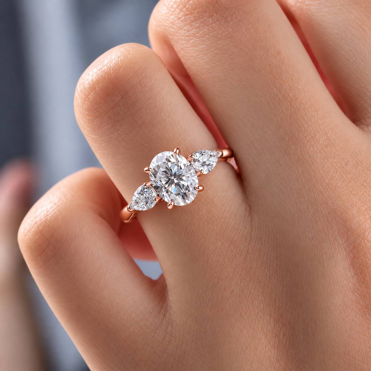 2 Carat Oval Cut Moissanite Ring with Pear Cut Side Stones