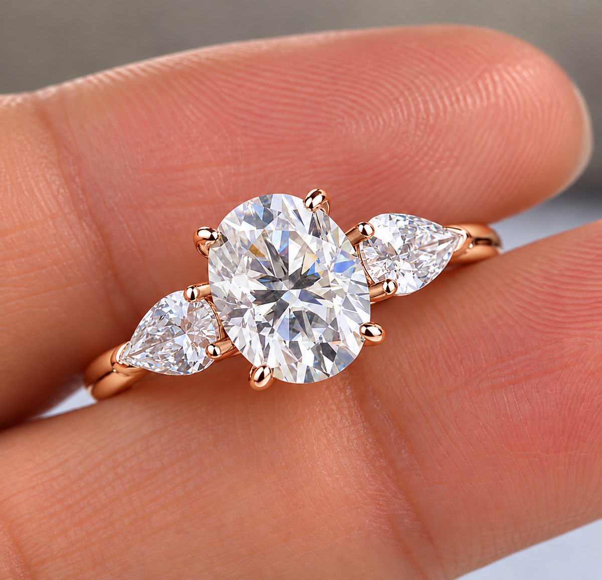 2 Carat Oval Cut Moissanite Ring with Pear Cut Side Stones