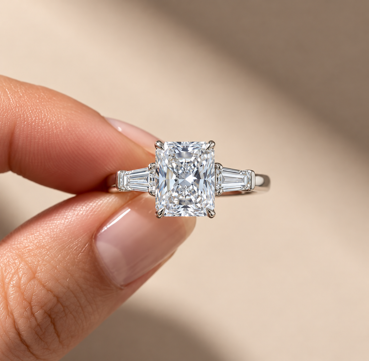 2 Carat Radiant Cut Moissanite Ring with Tapered Side Stones