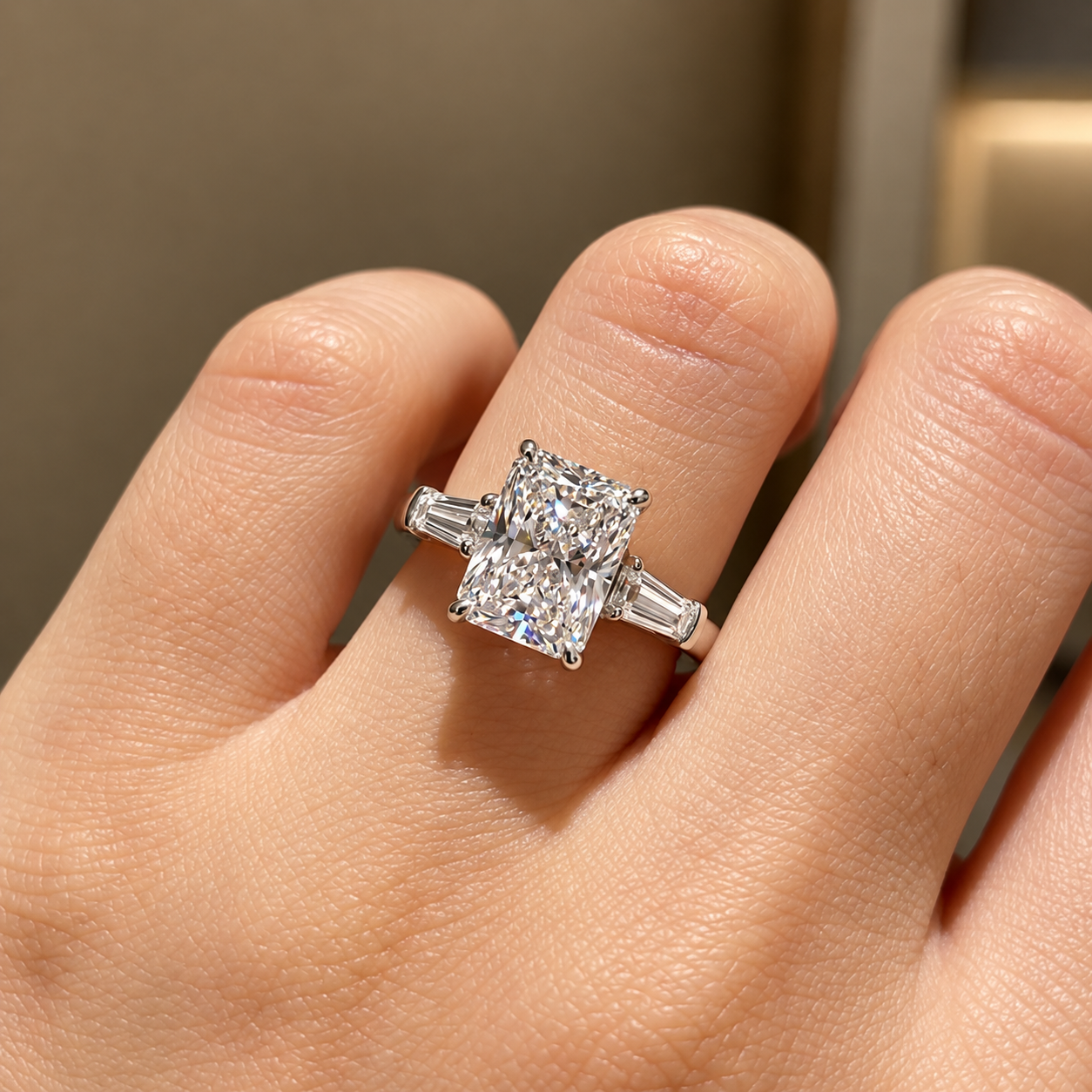 2 Carat Radiant Cut Moissanite Ring with Tapered Side Stones