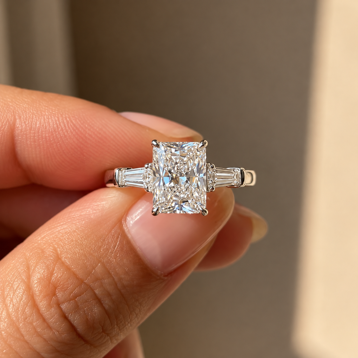 2 Carat Radiant Cut Moissanite Ring with Tapered Side Stones