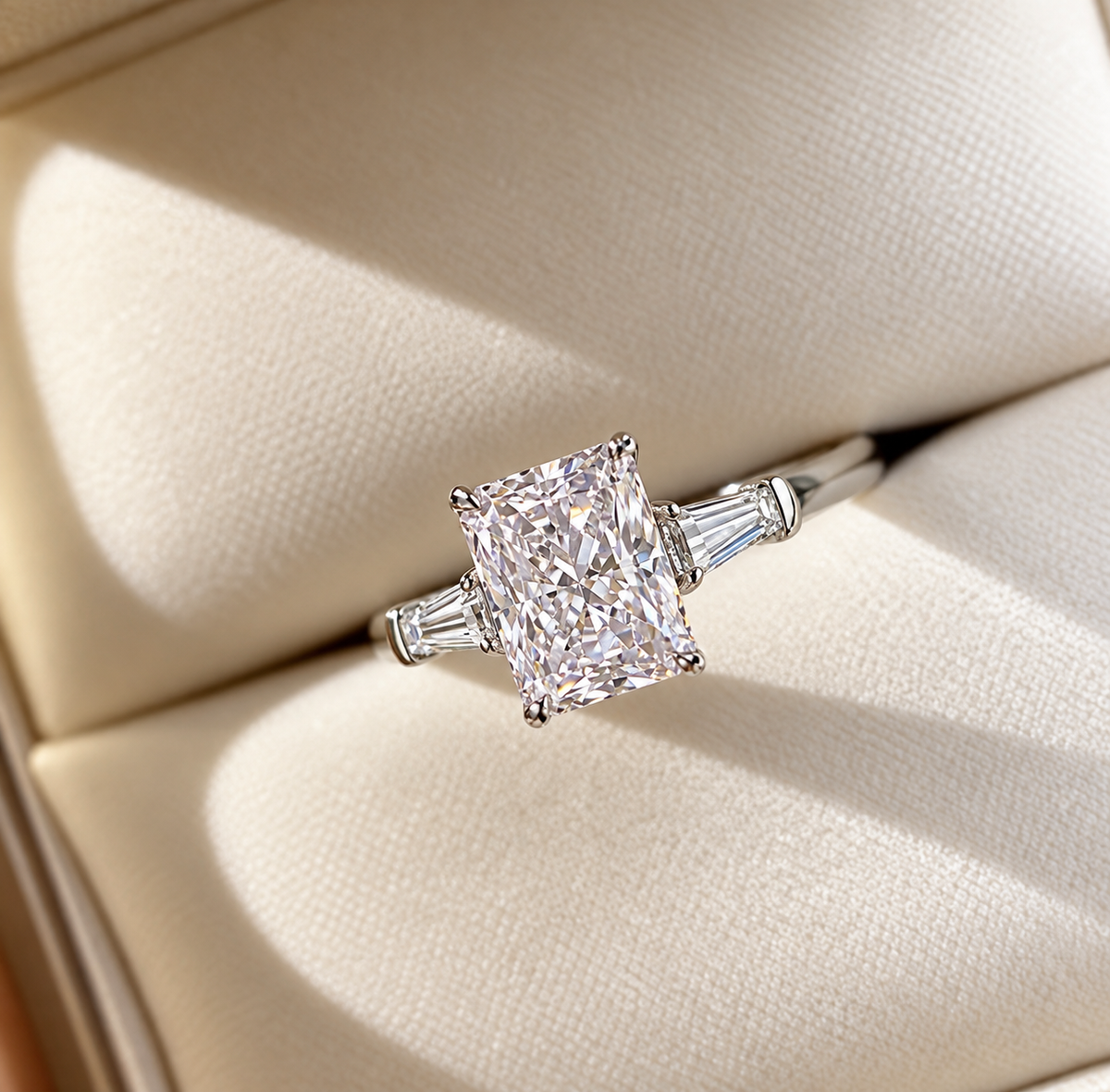 2 Carat Radiant Cut Moissanite Ring with Tapered Side Stones