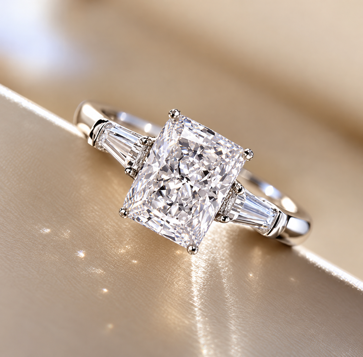 2 Carat Radiant Cut Moissanite Ring with Tapered Side Stones