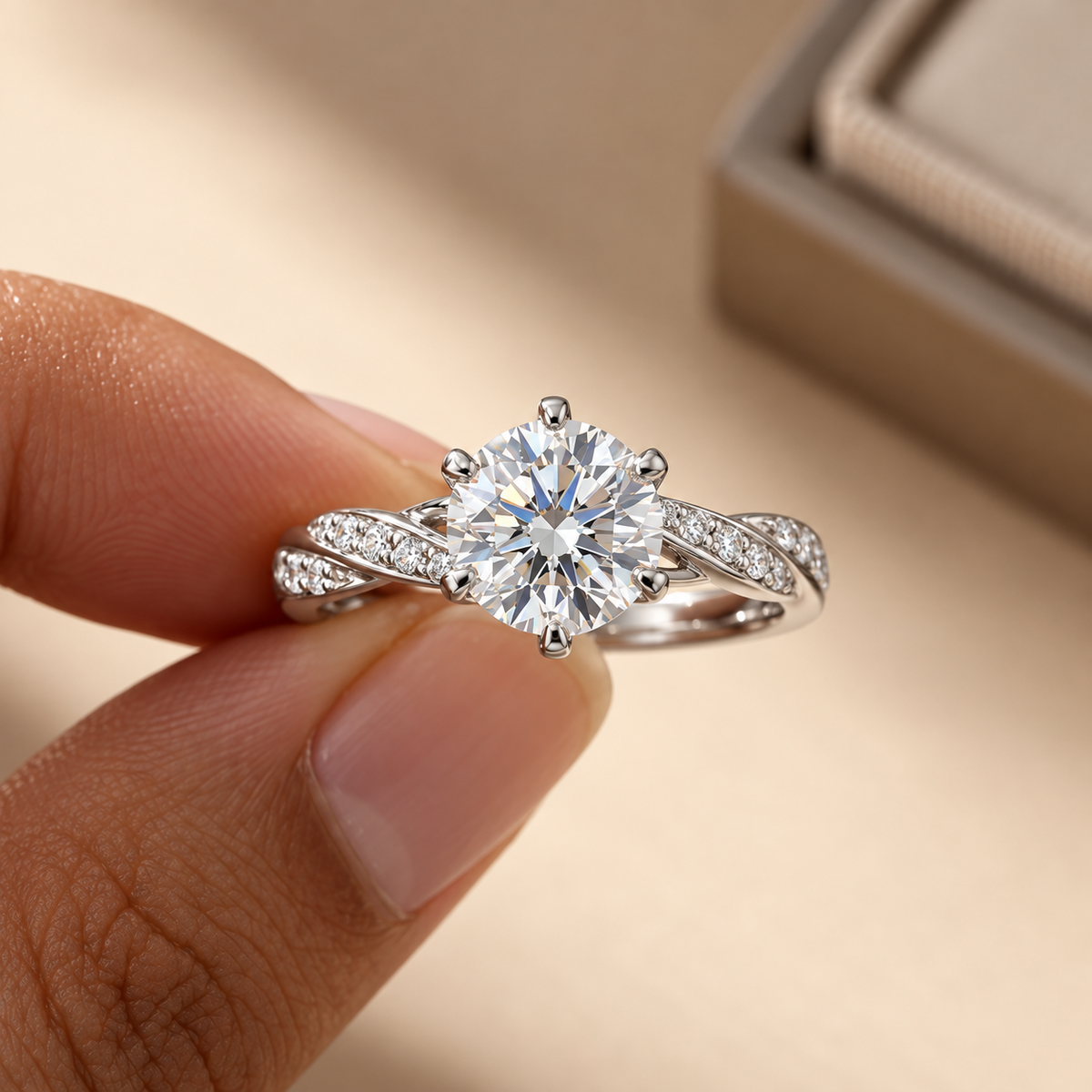 2 Carat Round Cut Moissanite Ring with Twisted Pavé Band