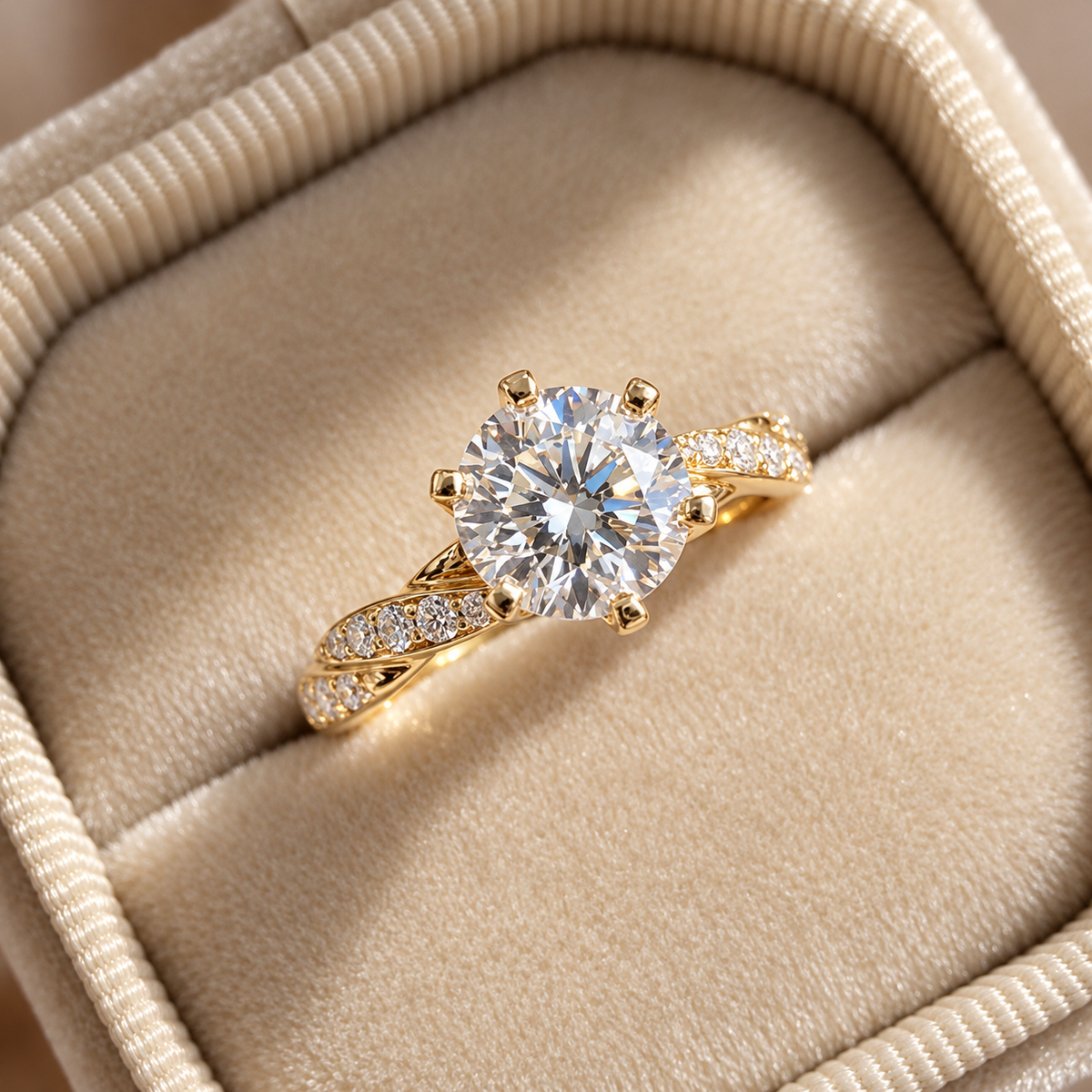 2 Carat Round Cut Moissanite Ring with Twisted Pavé Band