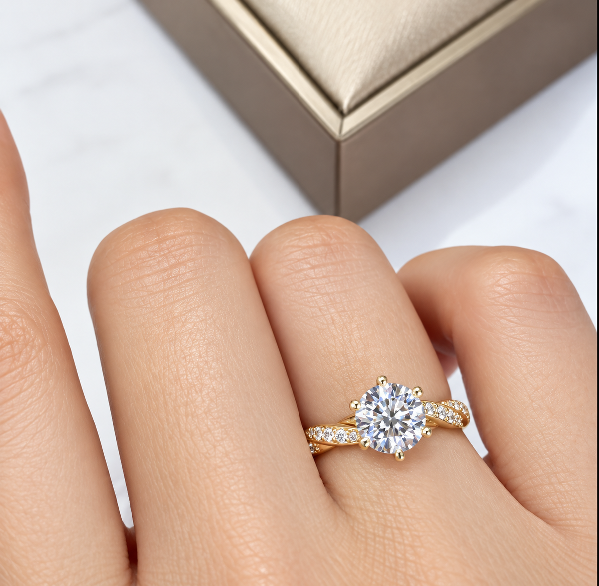 2 Carat Round Cut Moissanite Ring with Twisted Pavé Band