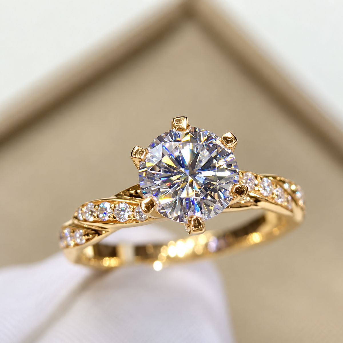 2 Carat Round Cut Moissanite Ring with Twisted Pavé Band