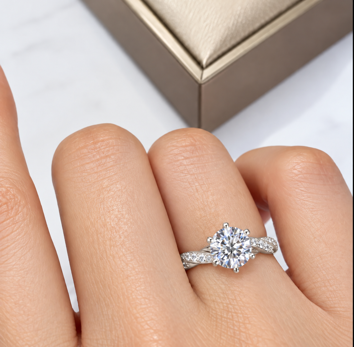 2 Carat Round Cut Moissanite Ring with Twisted Pavé Band
