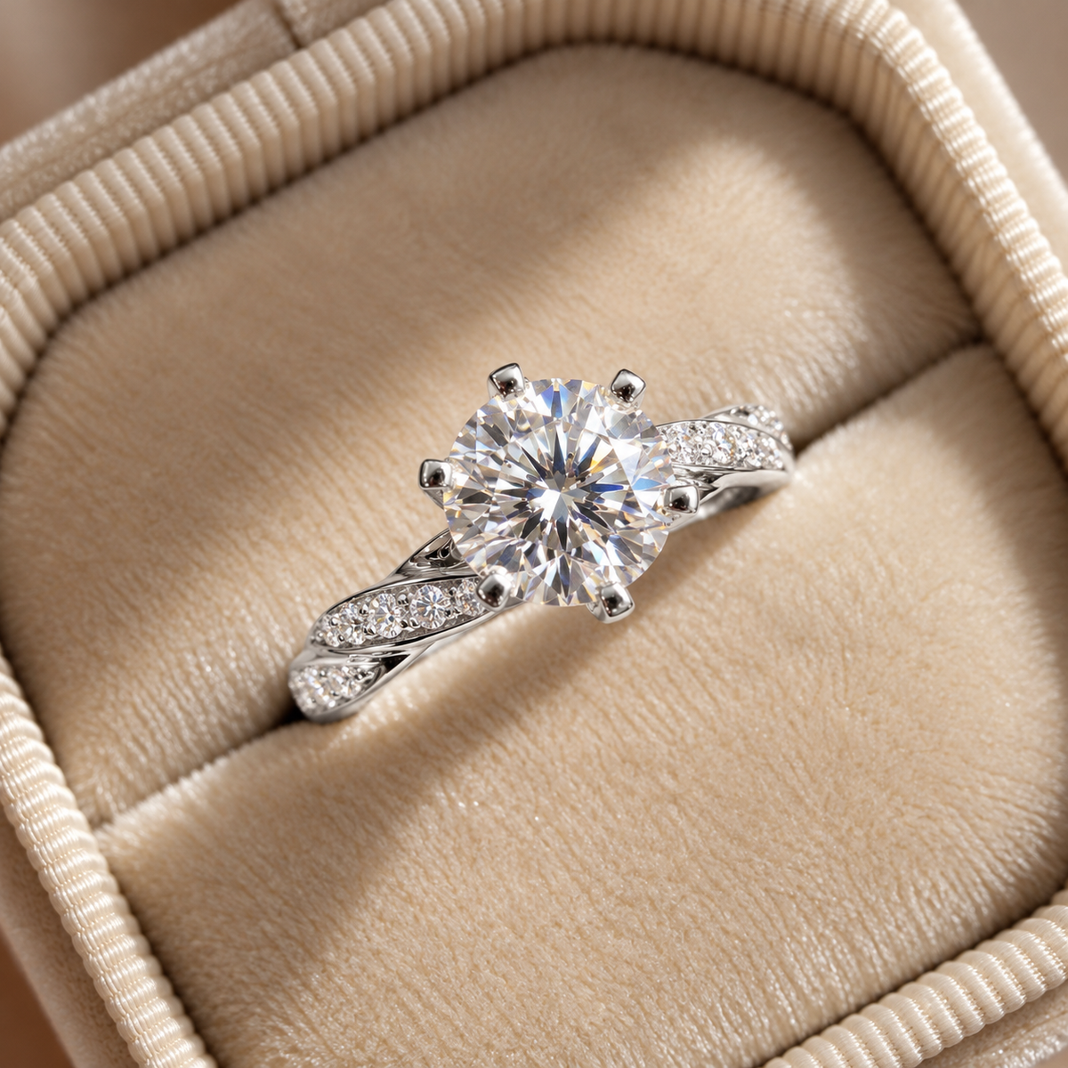 2 Carat Round Cut Moissanite Ring with Twisted Pavé Band