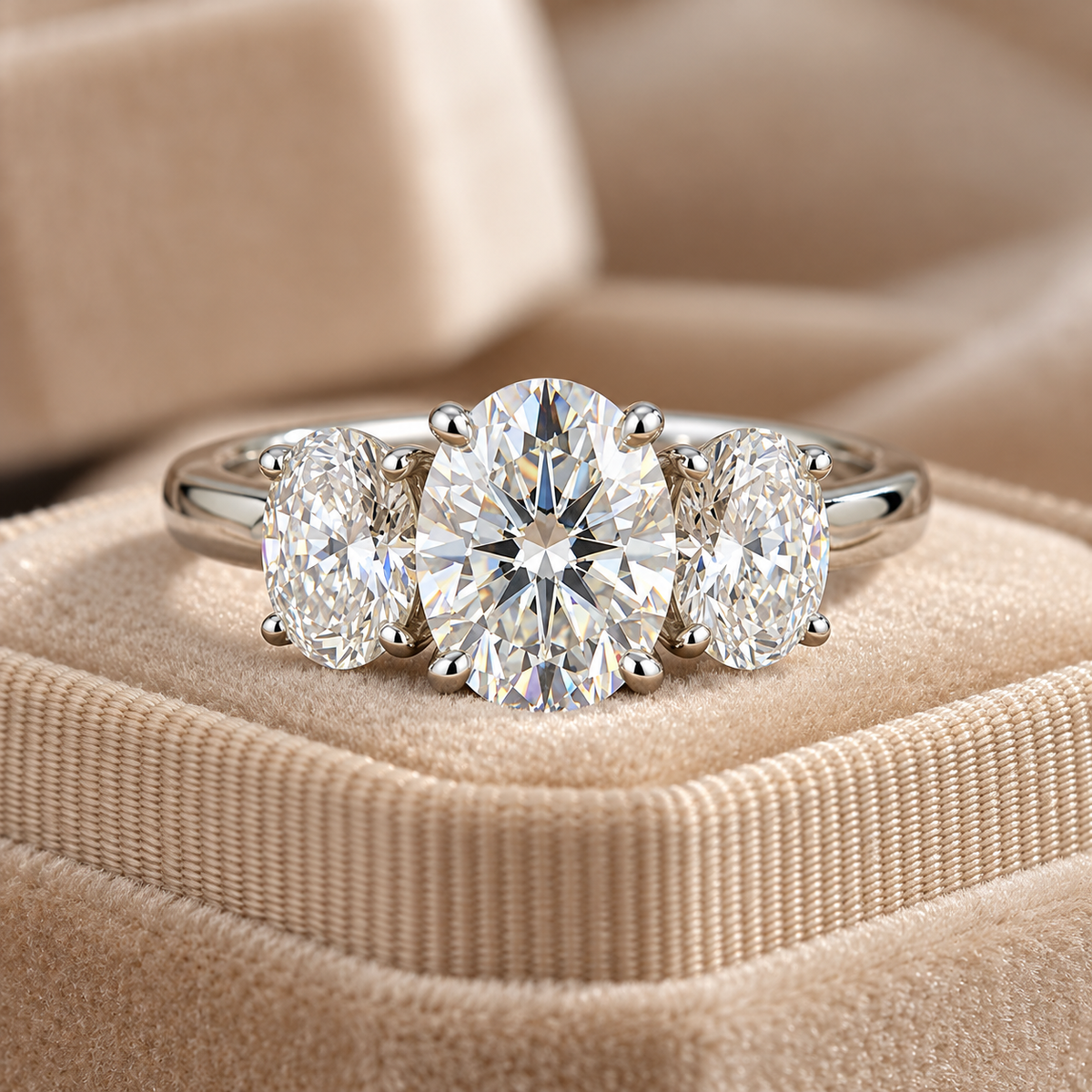 Three Stone Oval Cut Moissanite Ring