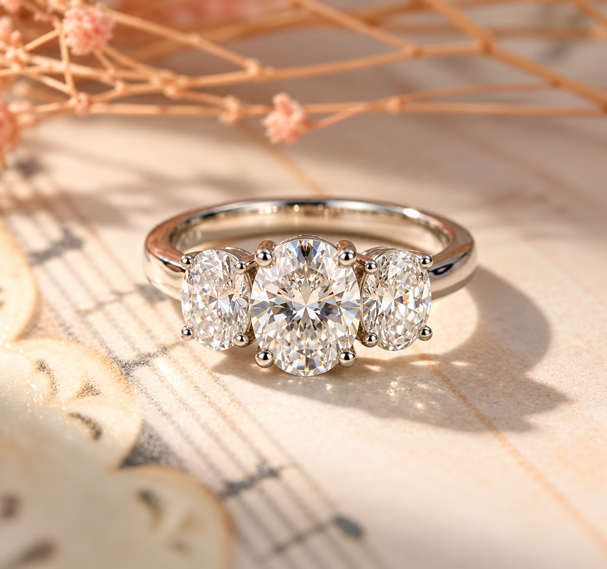 Three Stone Oval Cut Moissanite Ring
