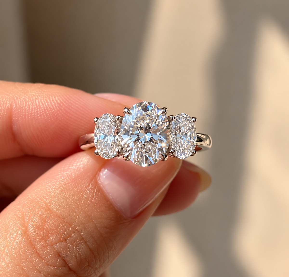 Three Stone Oval Cut Moissanite Ring