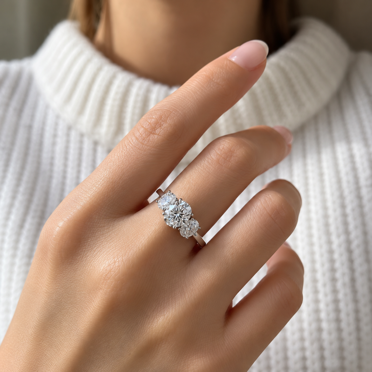Three Stone Oval Cut Moissanite Ring