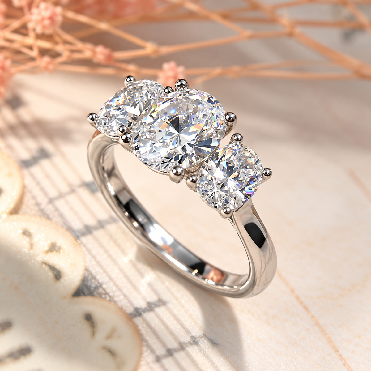 Three Stone Oval Cut Moissanite Ring