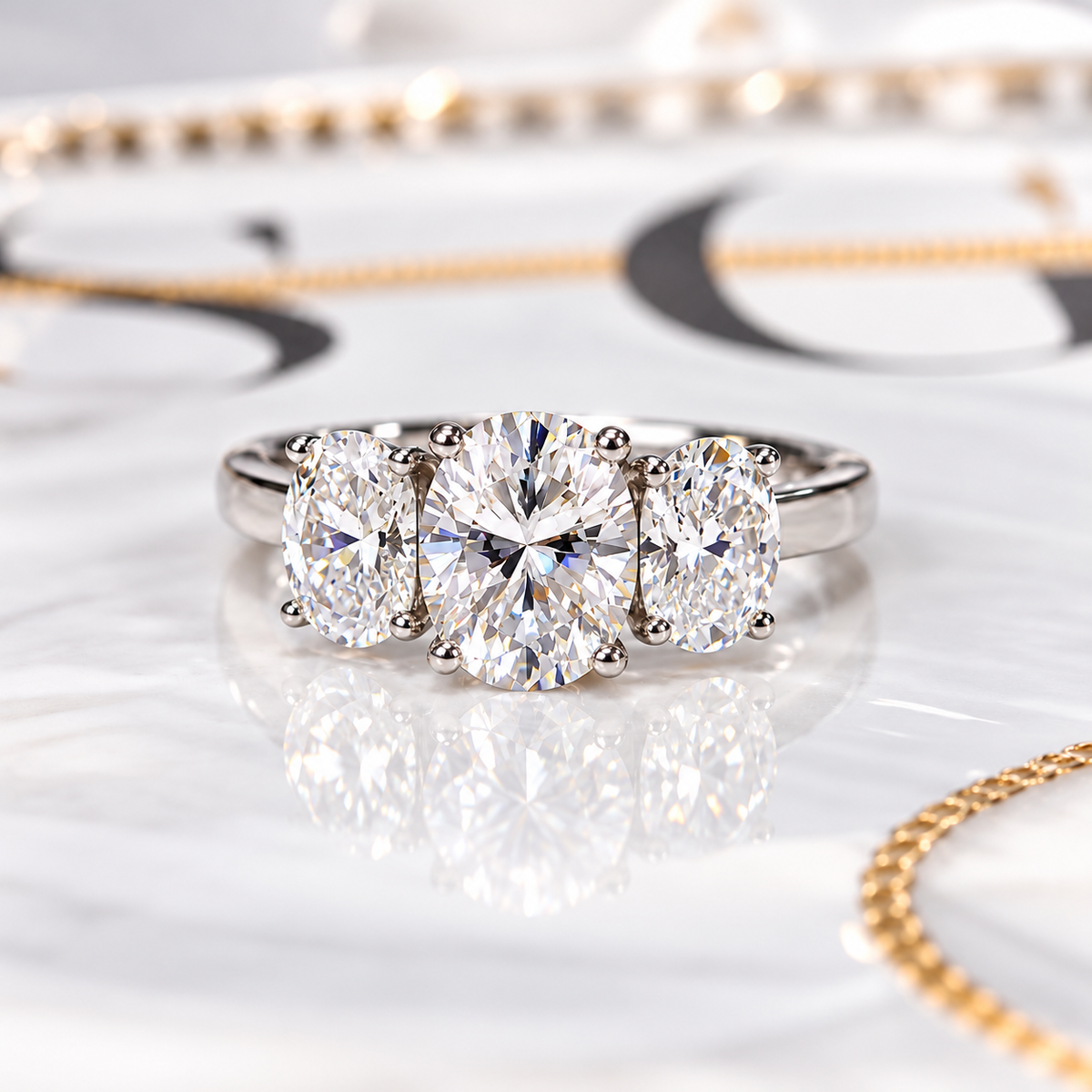 Three Stone Oval Cut Moissanite Ring