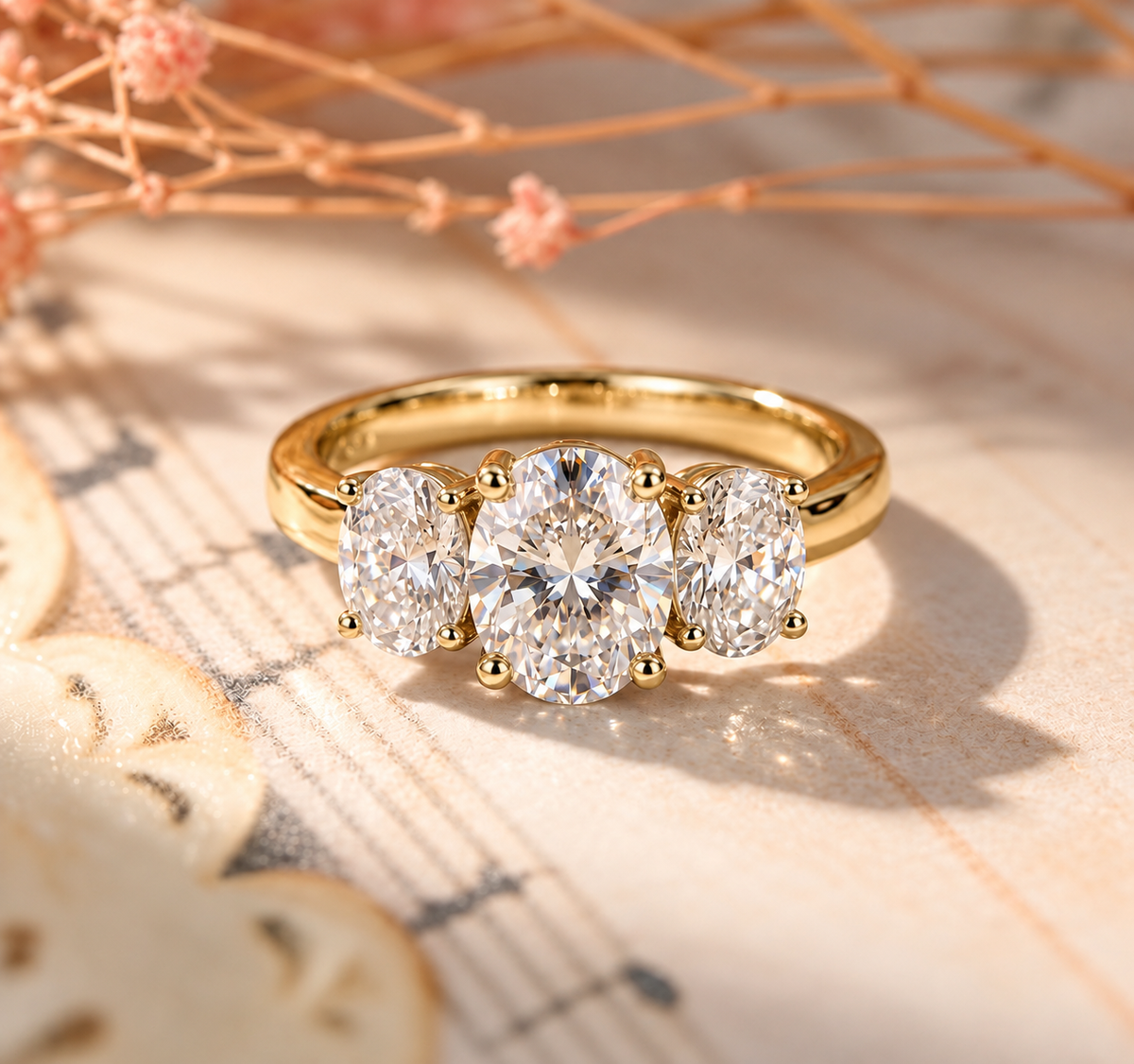 Three Stone Oval Cut Moissanite Ring