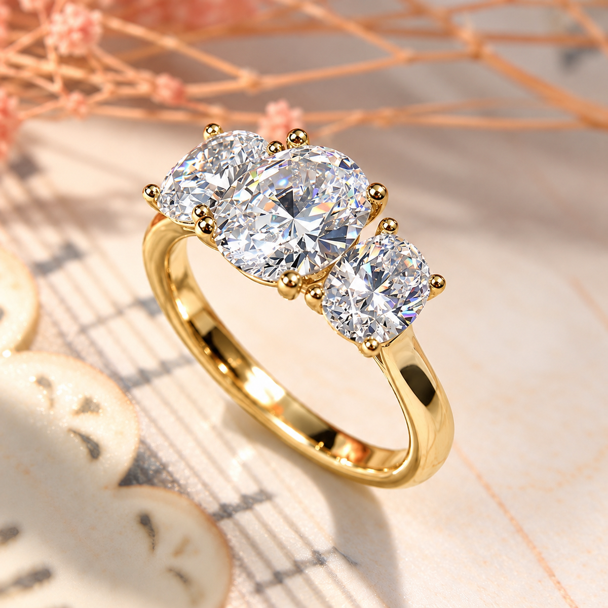 Three Stone Oval Cut Moissanite Ring