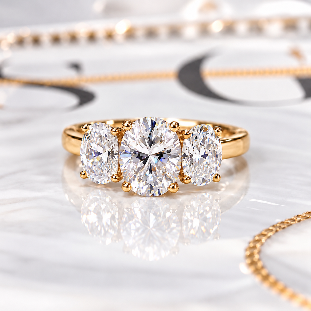 Three Stone Oval Cut Moissanite Ring