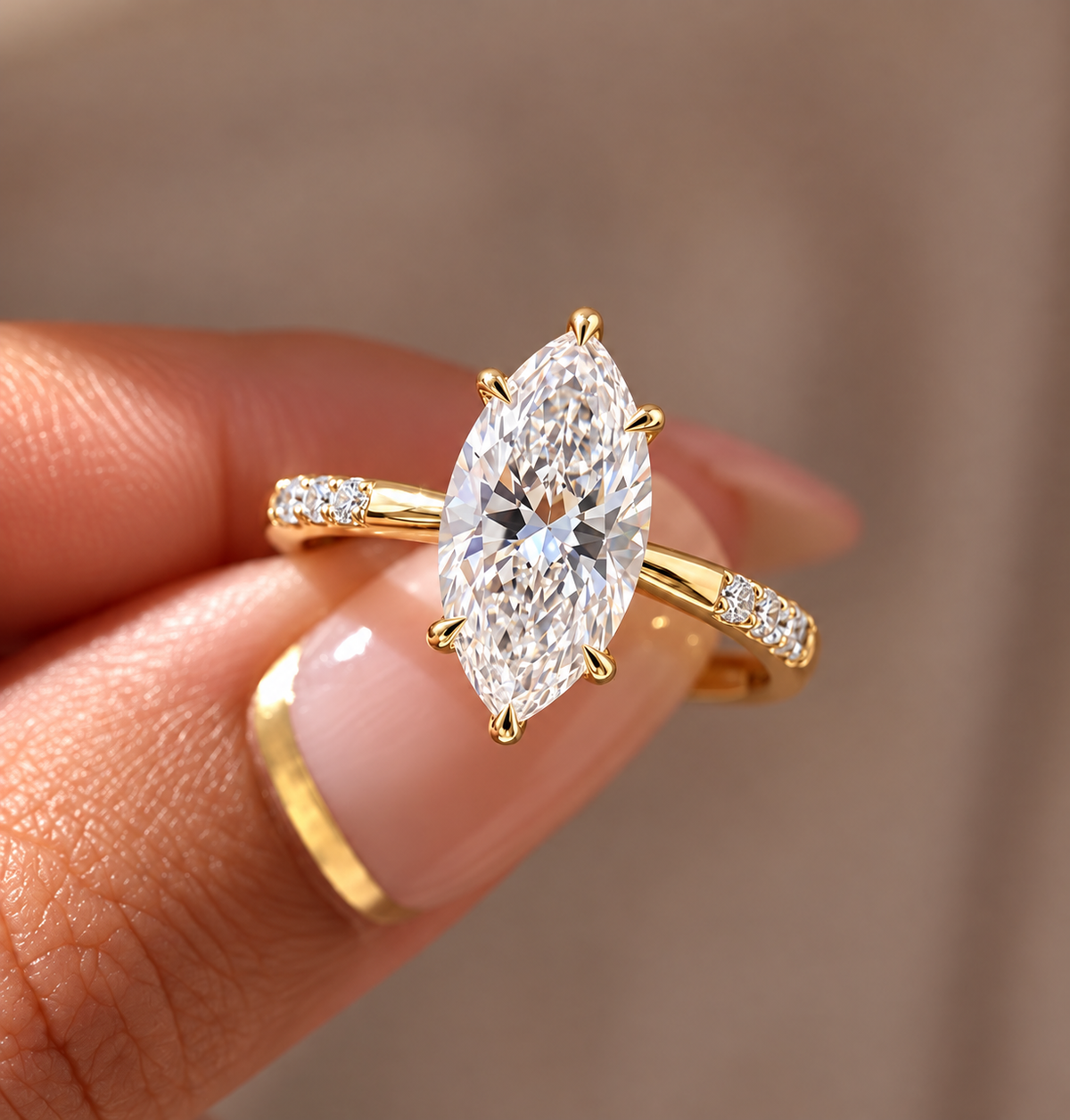 2 Carat Marquise Cut Moissanite Ring with Three Side Stones