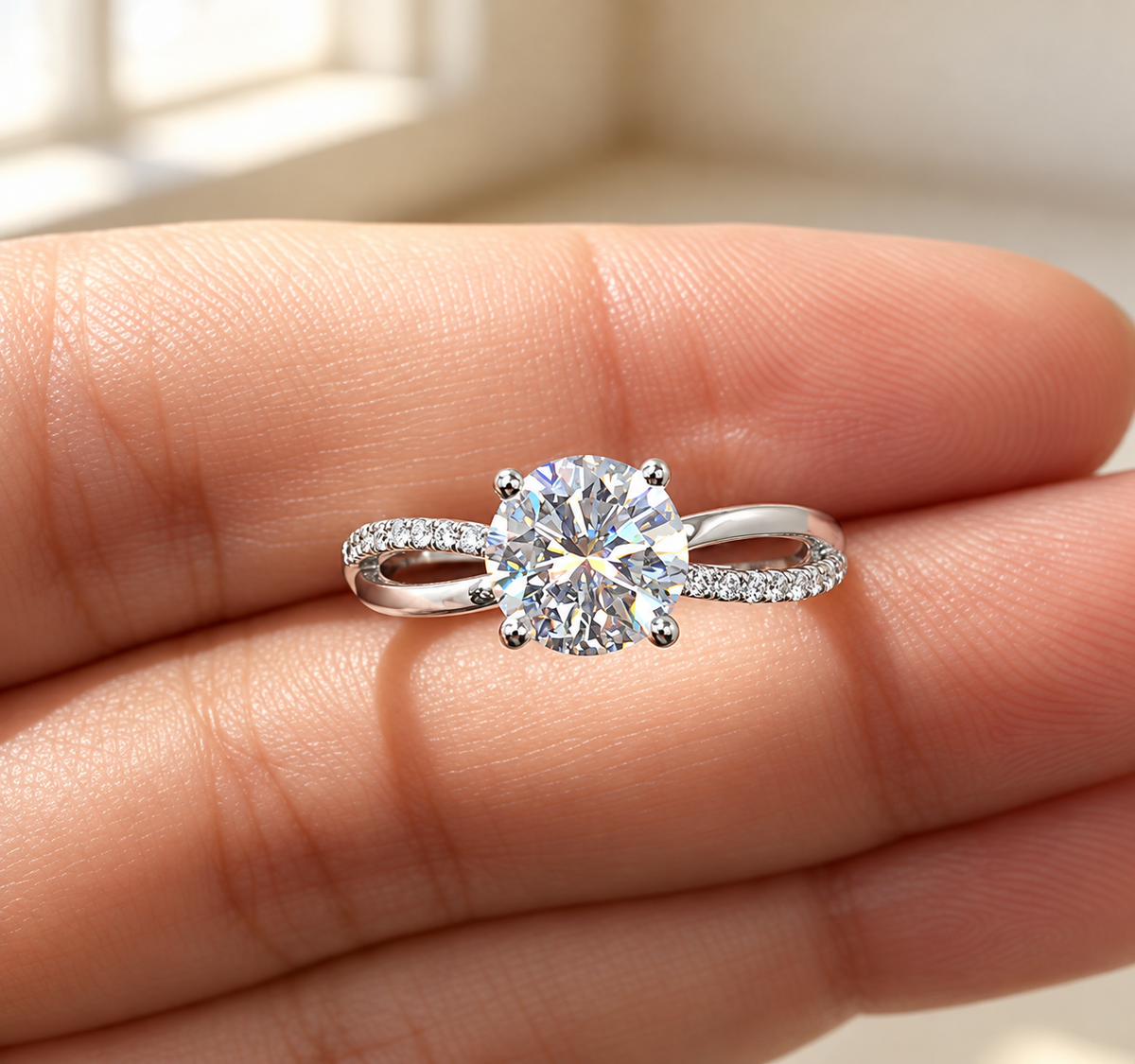 2 Carat Round Cut Moissanite Ring with Twisted Band