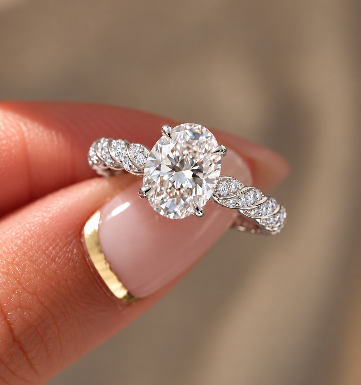 2 Carat Oval Cut Moissanite Ring with Twisted Pavé Band