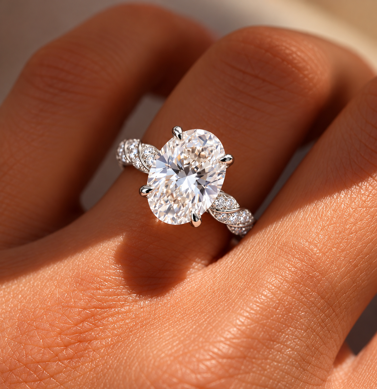 2 Carat Oval Cut Moissanite Ring with Twisted Pavé Band