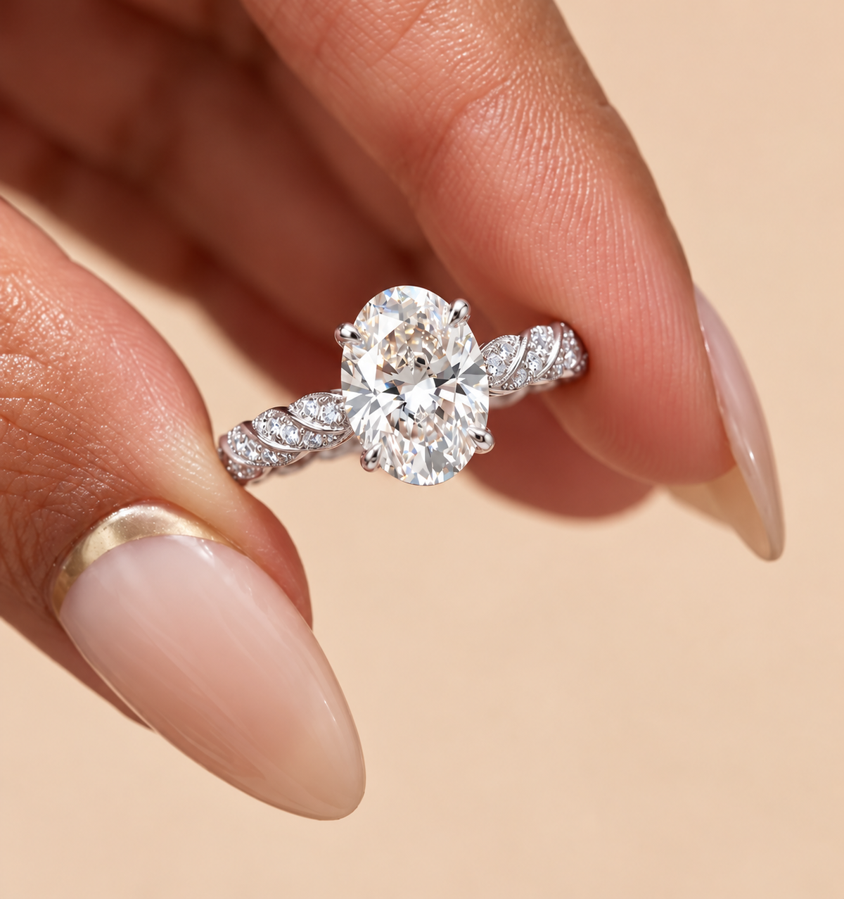 2 Carat Oval Cut Moissanite Ring with Twisted Pavé Band