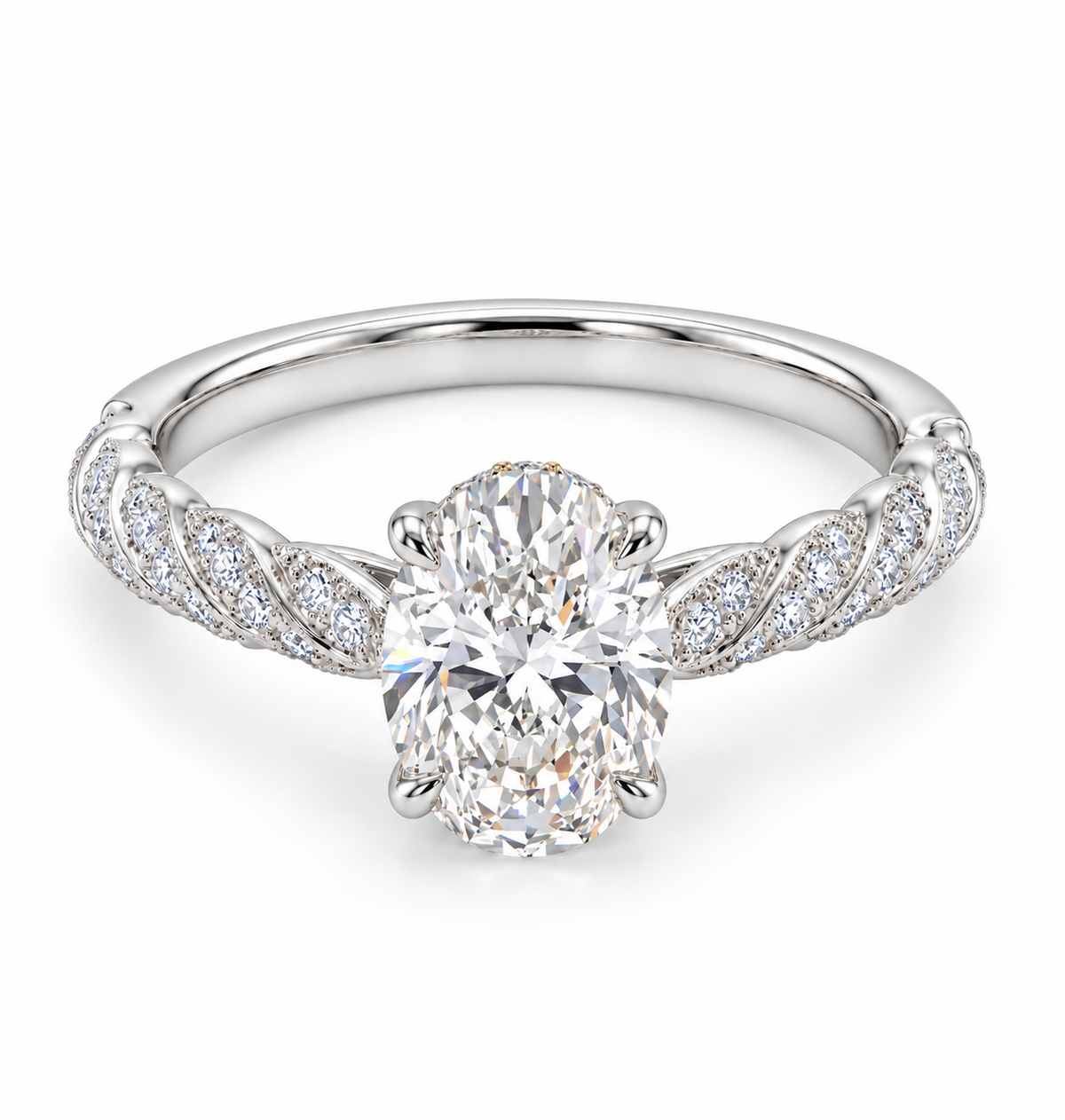 2 Carat Oval Cut Moissanite Ring with Twisted Pavé Band