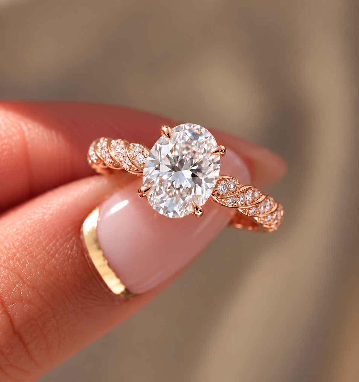 2 Carat Oval Cut Moissanite Ring with Twisted Pavé Band