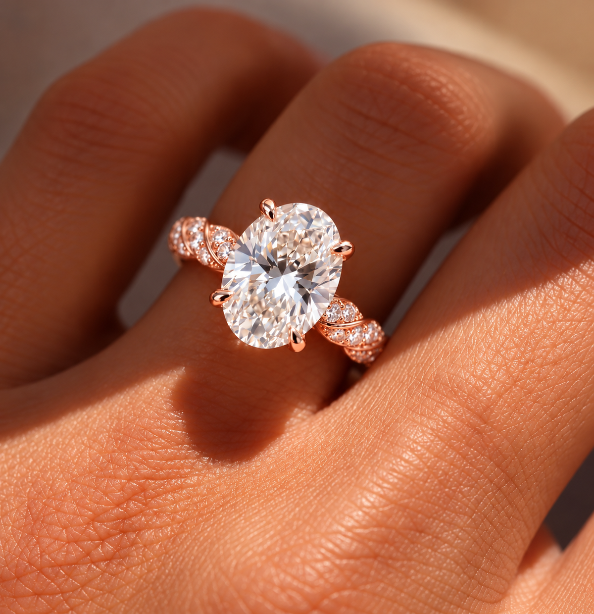 2 Carat Oval Cut Moissanite Ring with Twisted Pavé Band