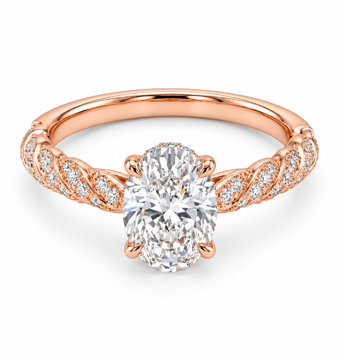 2 Carat Oval Cut Moissanite Ring with Twisted Pavé Band